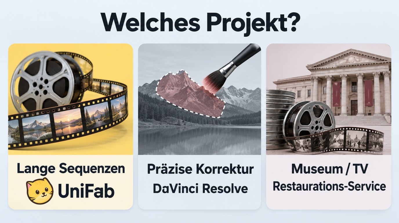 Entscheidungshilfe zwischen UniFab, DaVinci Resolve und Restaurations-Service nach Projektziel