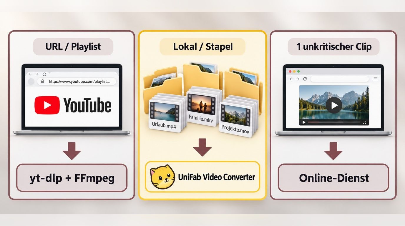 Auswahl zwischen yt-dlp, UniFab Video Converter und Online-Dienst nach Quelle und Umfang.