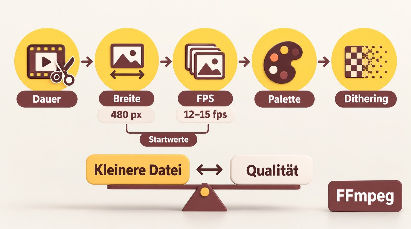 Hebel für kleinere GIFs: Dauer, Breite, Bildrate, Palette und Dithering.
