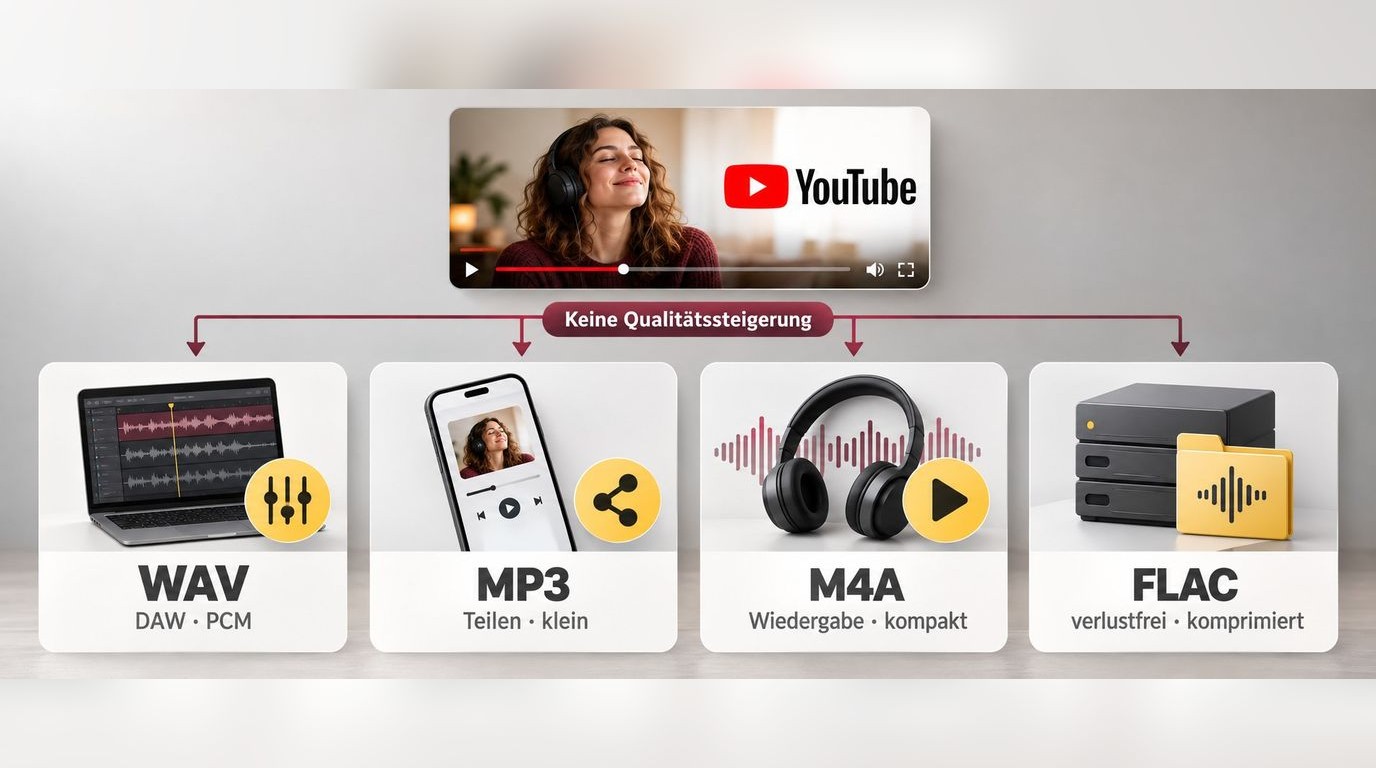 WAV für DAW, MP3 und M4A für kleine Dateien sowie FLAC für verlustfreie Kompression.