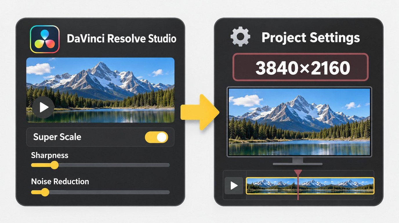 DaVinci Resolve Studio Super Scale controls and 3840x2160 timeline settings