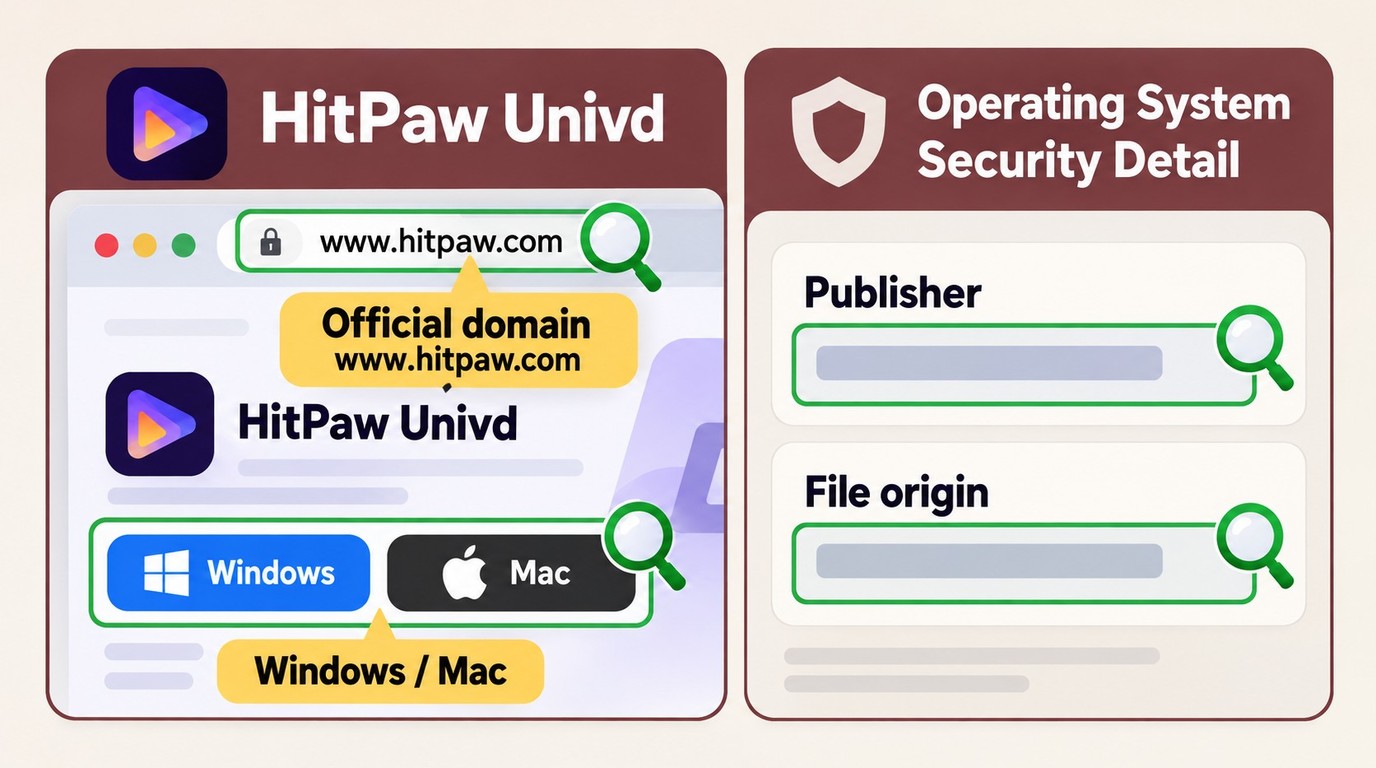How to verify the official HitPaw download, installer publisher, and operating system.