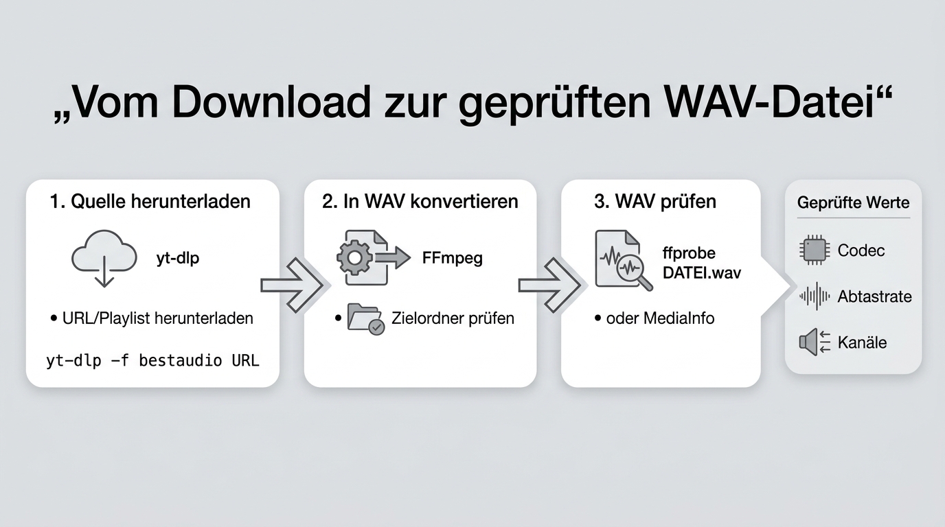 Qualitätskontrolle mit yt-dlp, FFmpeg, ffprobe und MediaInfo von der Quelle bis zur WAV-Datei.