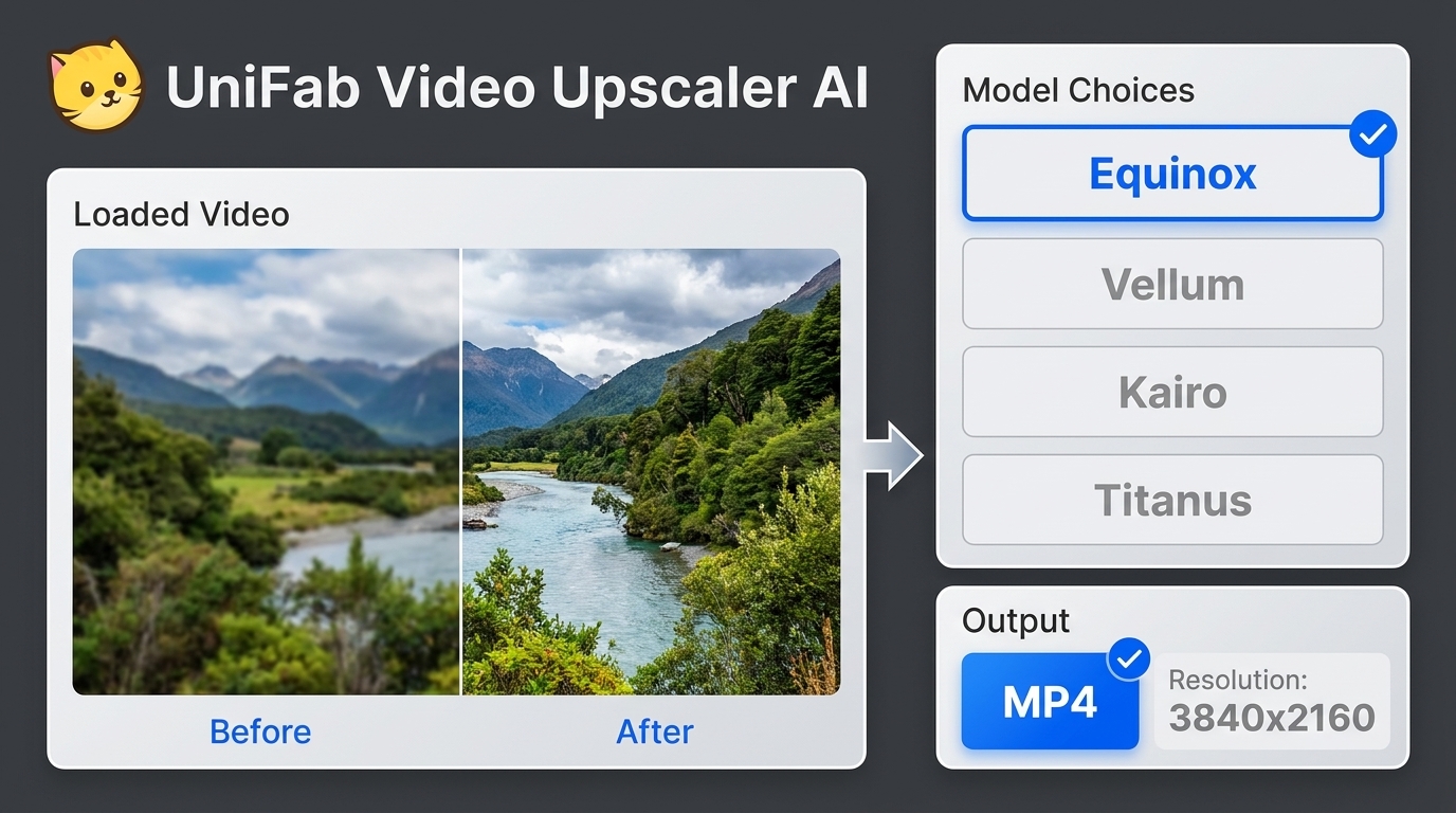 UniFab Video Upscaler AI model selection, preview, and 3840x2160 export settings