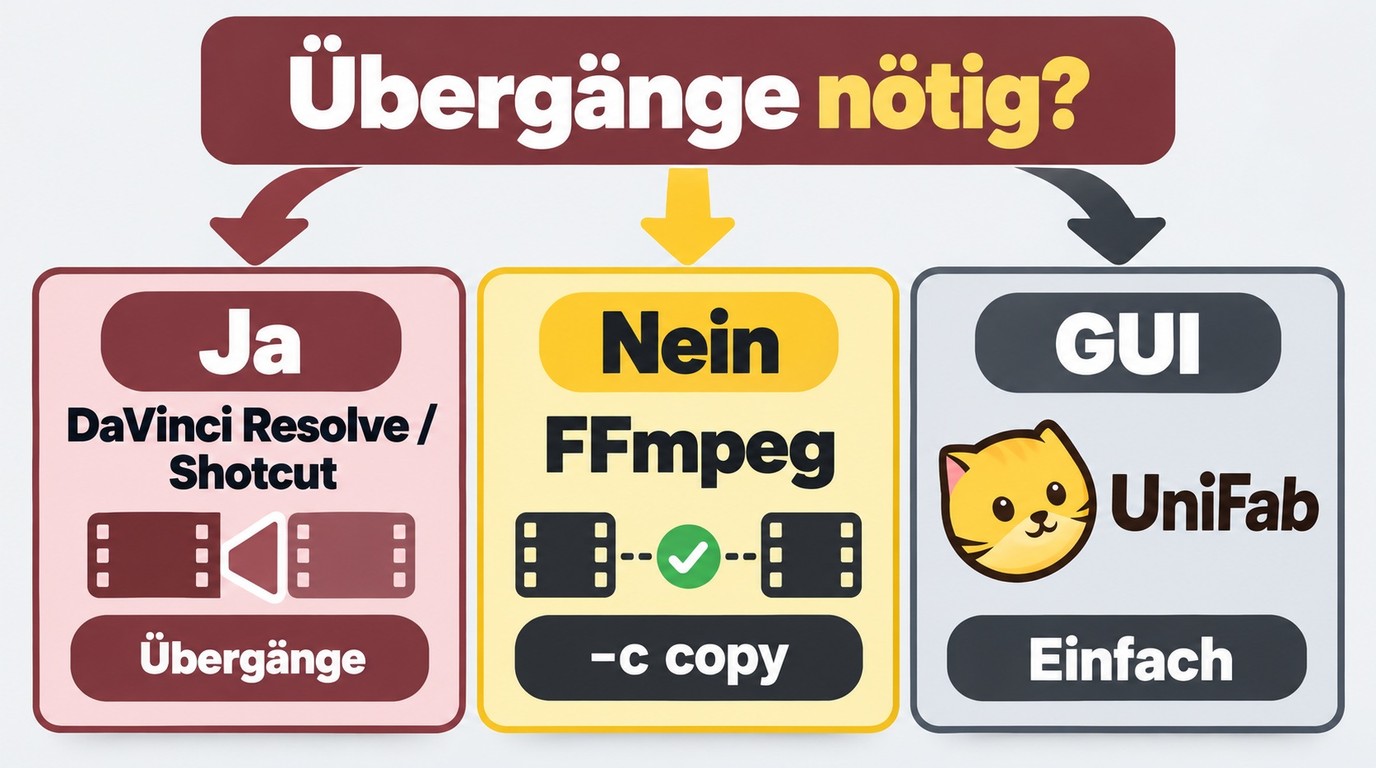 Methodenwahl zwischen UniFab, FFmpeg, DaVinci Resolve und Shotcut