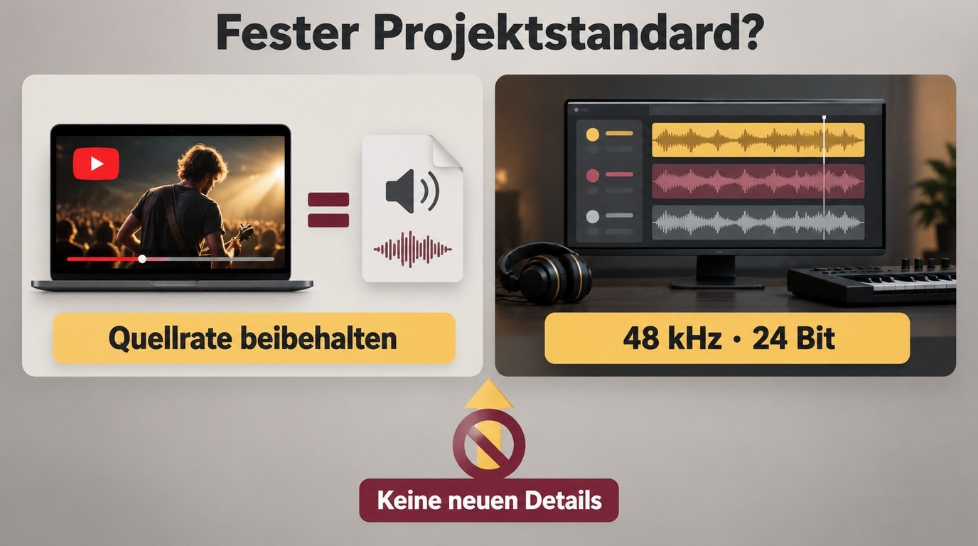 Entscheidung zwischen Quellrate und DAW-Projektstandard mit 48 kHz und 24 Bit.