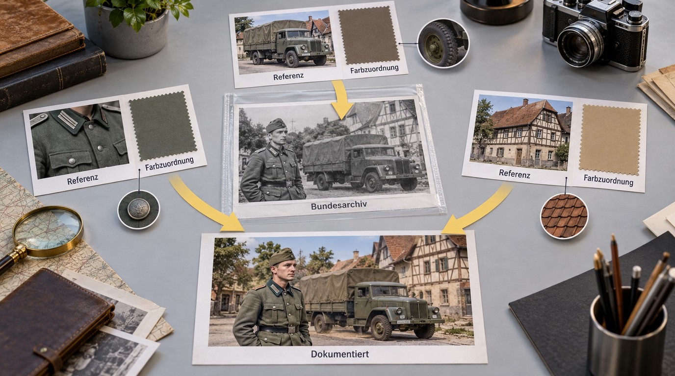Quellenkette vom Bundesarchiv-Material bis zur dokumentierten Farbzuordnung.
