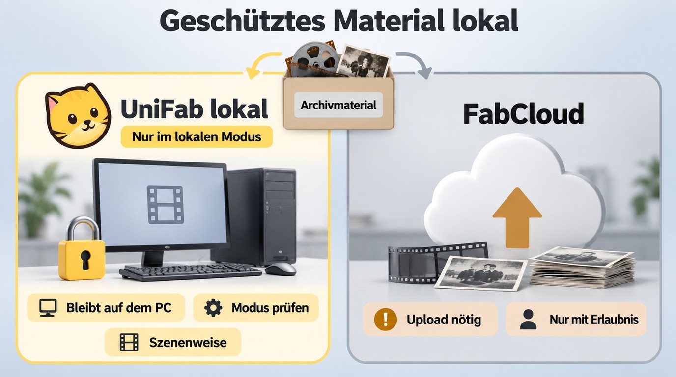 Lokale UniFab-Verarbeitung schützt Archivdateien, FabCloud erfordert eine Übertragung