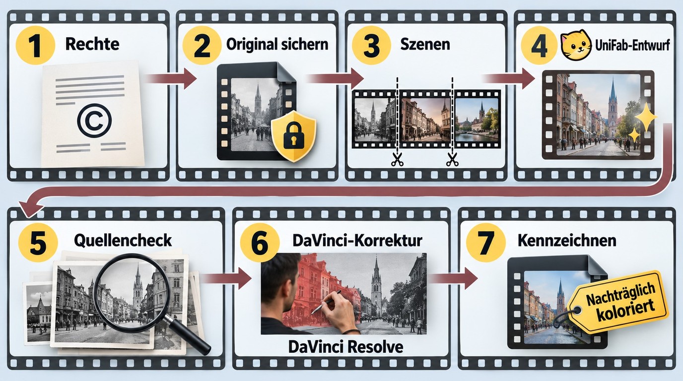 Workflow von Rechteklärung und UniFab-Entwurf bis DaVinci-Korrektur und Kennzeichnung