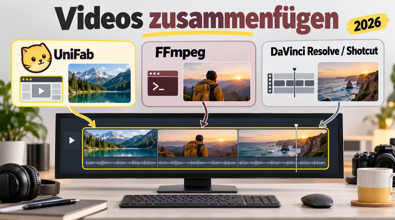 Videos zusammenfügen 2026: Drei Methoden mit Übergangs-Tipps