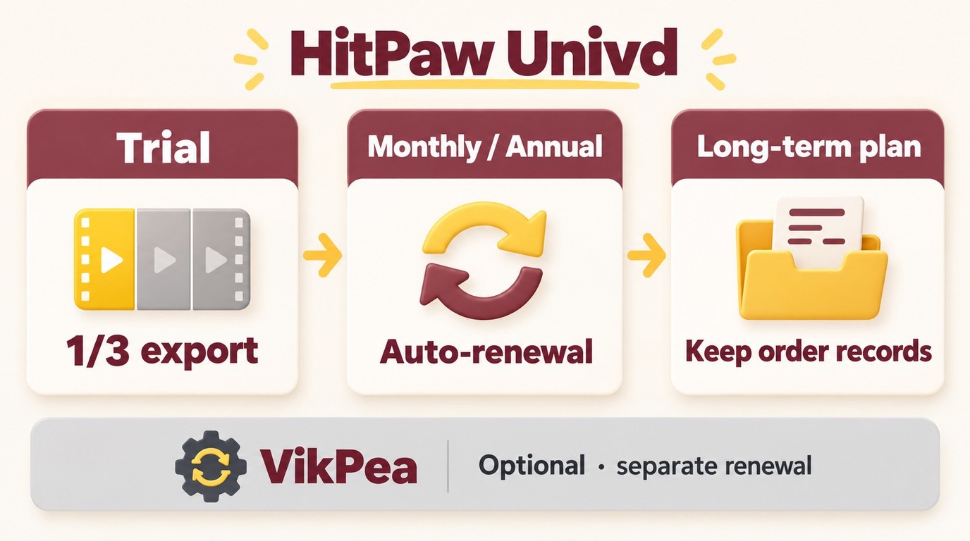 HitPaw Univd trial, automatic renewal, and perpetual license terms explained separately.