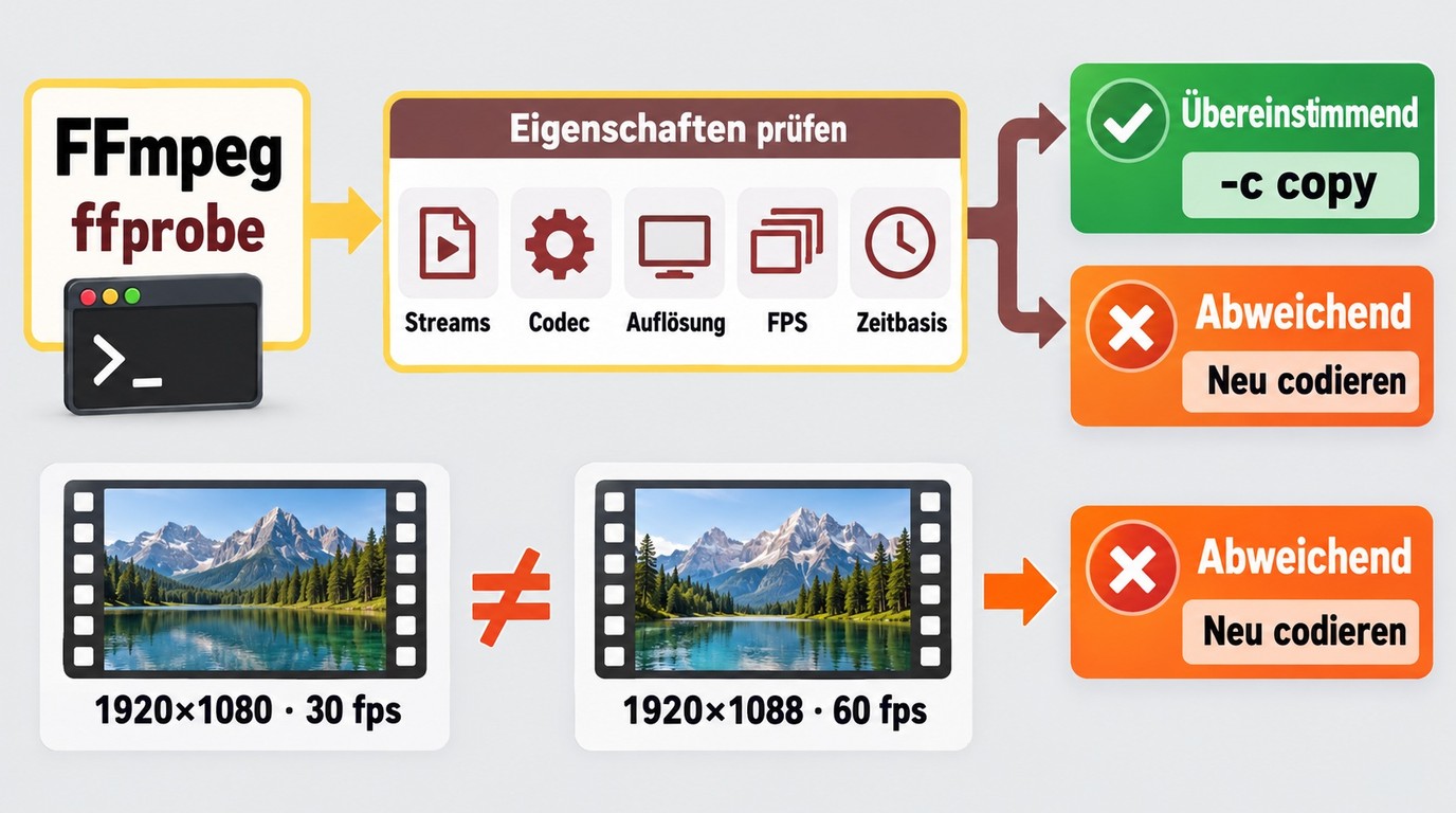 FFmpeg prüft Streams, Codecs, Auflösung, Bildrate und Zeitbasis vor dem Verbinden