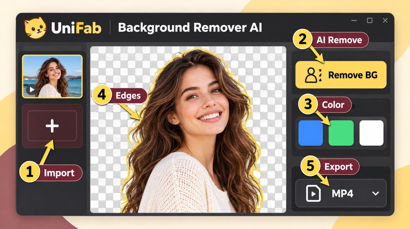 UniFab workflow from video import and AI removal to color replacement and export