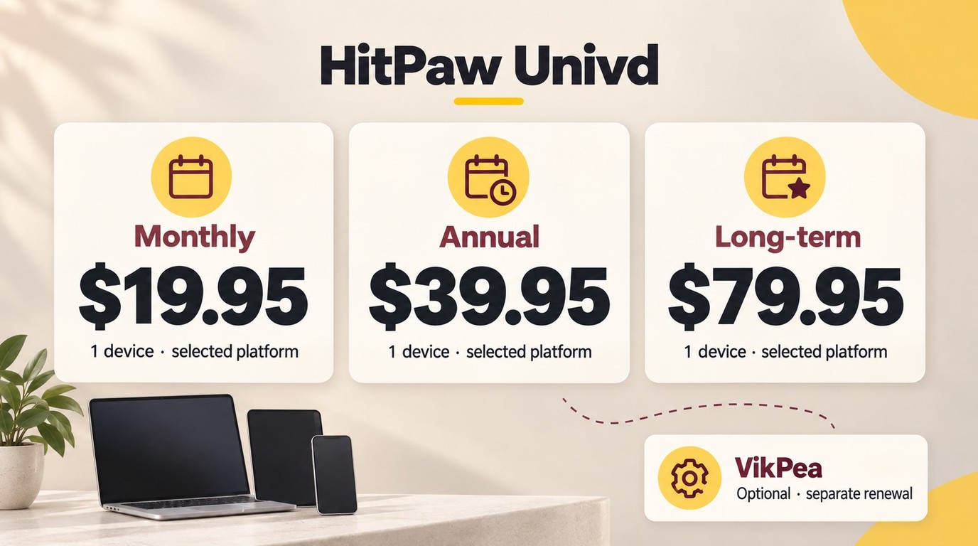 HitPaw Univd plan choices by usage period, with VikPea shown as a separate renewal.