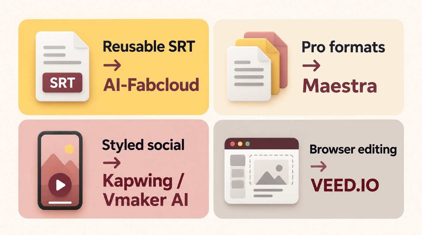 Choose Subtitle Generator AI-Fabcloud, Maestra, Kapwing, VEED.IO, or Vmaker AI by deliverable.