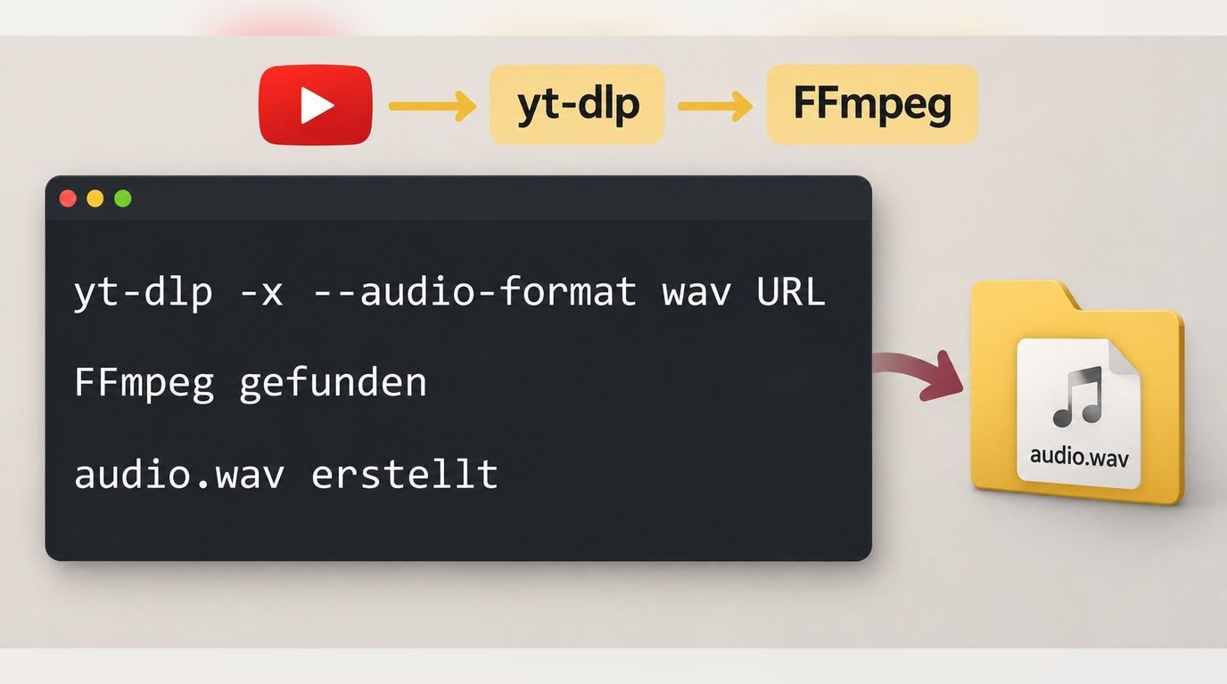 yt-dlp und FFmpeg erzeugen im Terminal aus einer YouTube-URL die Datei audio.wav.
