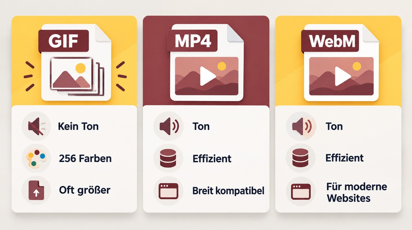 GIF im Vergleich zu MP4 und WebM bei Ton, Farben, Dateigröße und Einbettung.