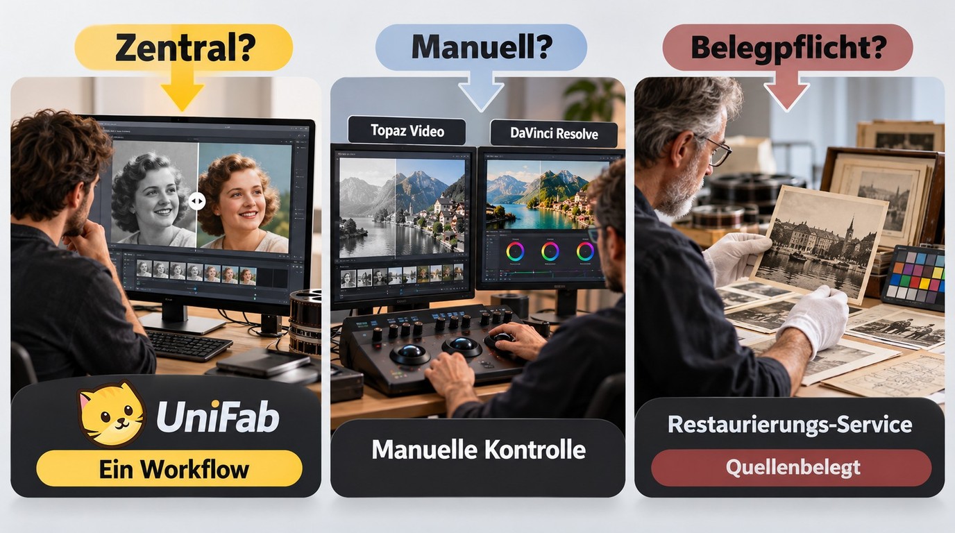 Entscheidungshilfe für UniFab, Topaz mit DaVinci Resolve oder Restaurierungs-Service.