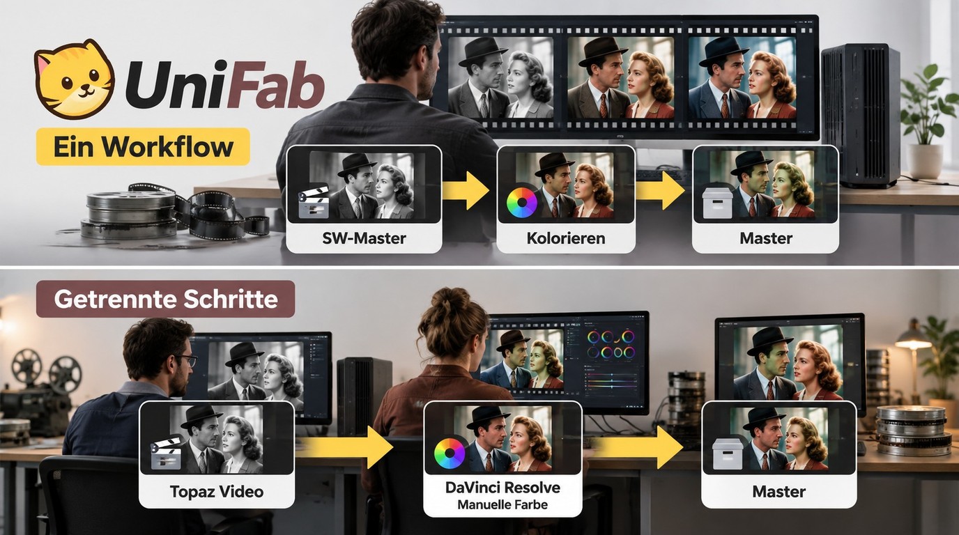 Workflow einer Industrie-Reportage mit UniFab oder Topaz und DaVinci Resolve.