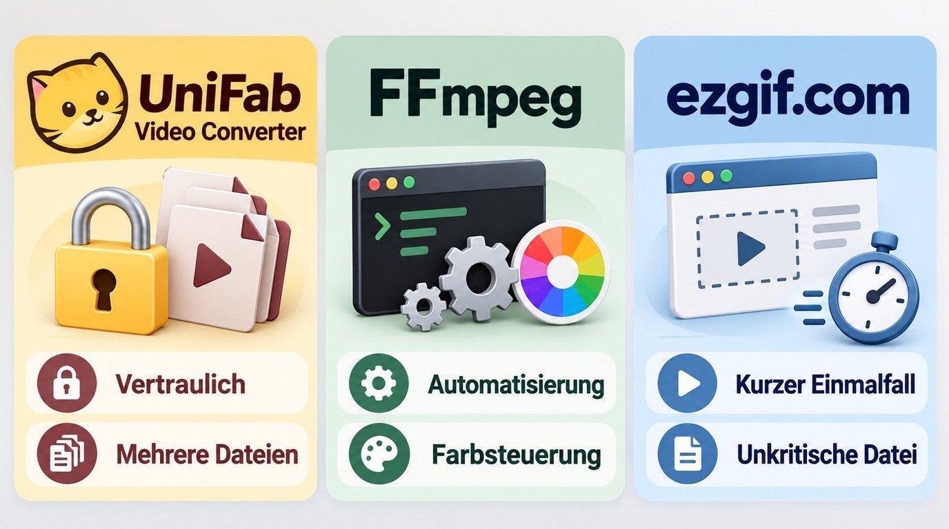 Auswahl zwischen UniFab Video Converter, FFmpeg und ezgif.com nach Einsatzzweck.